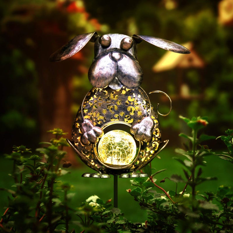 KAIXOXIN Garden Solar Lights Metal Dog Crackle Glass Globe Stake Light,Waterproof Warm White LED Solar Path Lights (Dog-Bronze) - Image 1